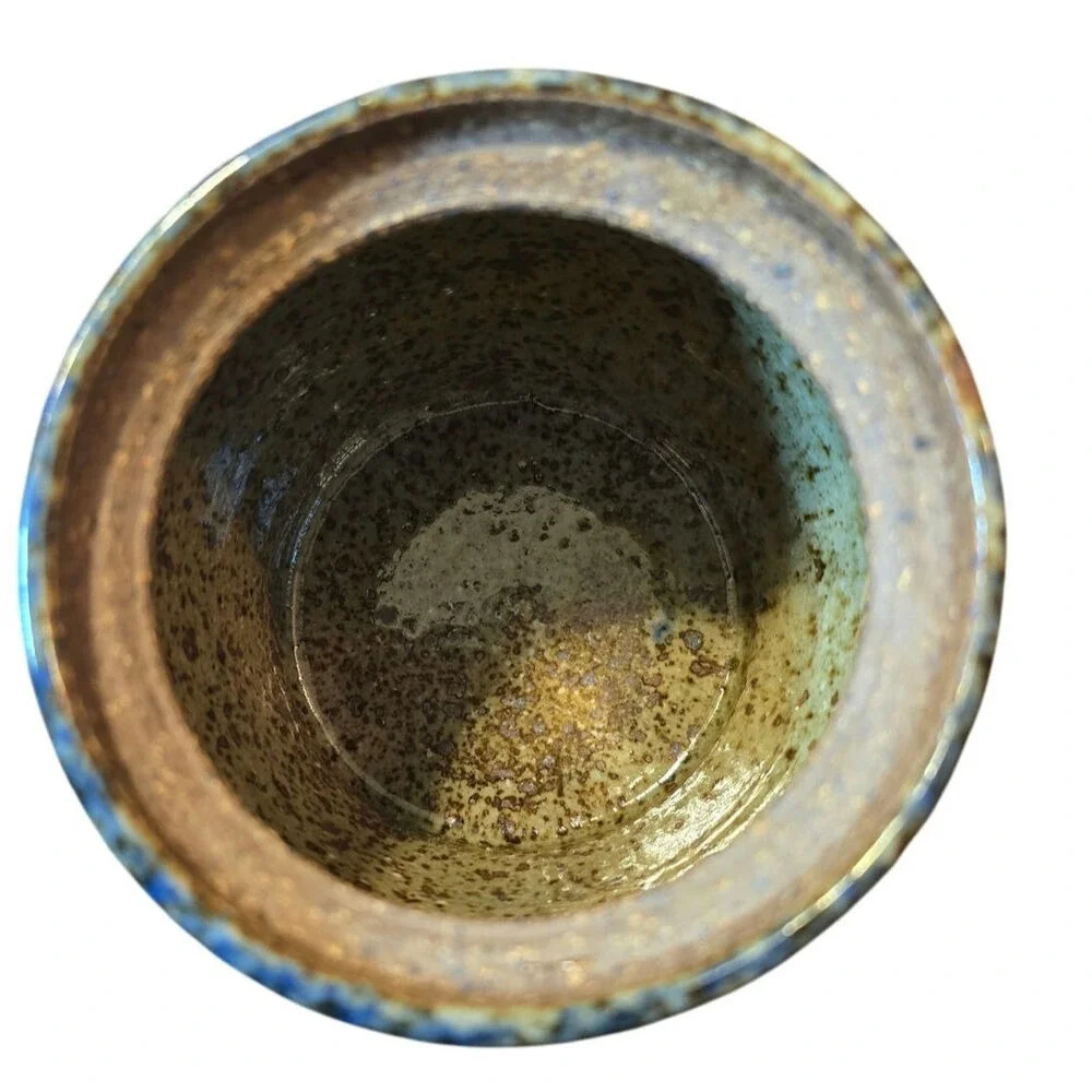 Blue‎ Glaze Signed Pam Snyder Studio Art Pottery Honey Pot with Lid & Wood Wand